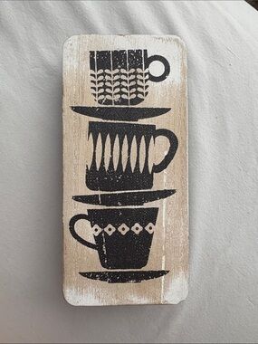 Rustic Stacked Teacups Wall Plaque - Black with White Background